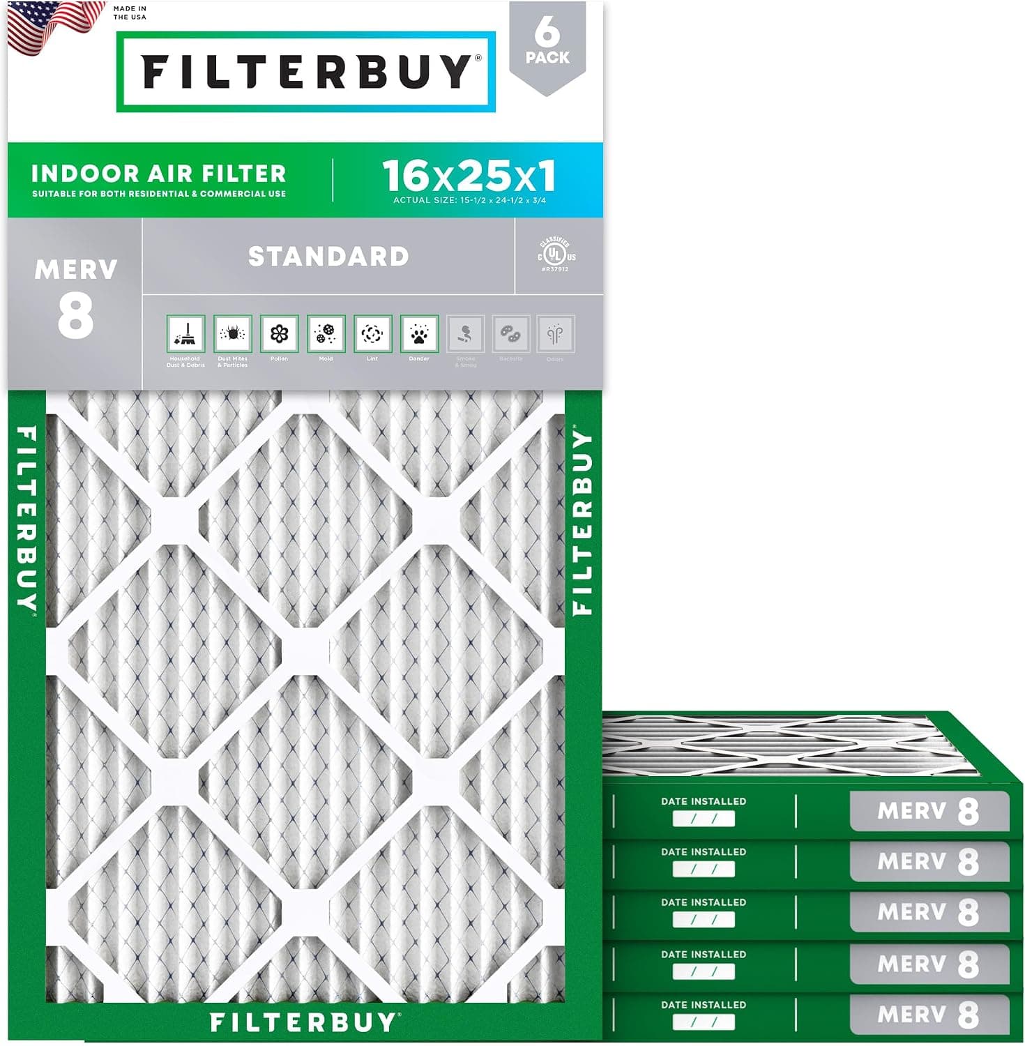 Filterbuy 16x25x1 MERV 8, 6-pack
