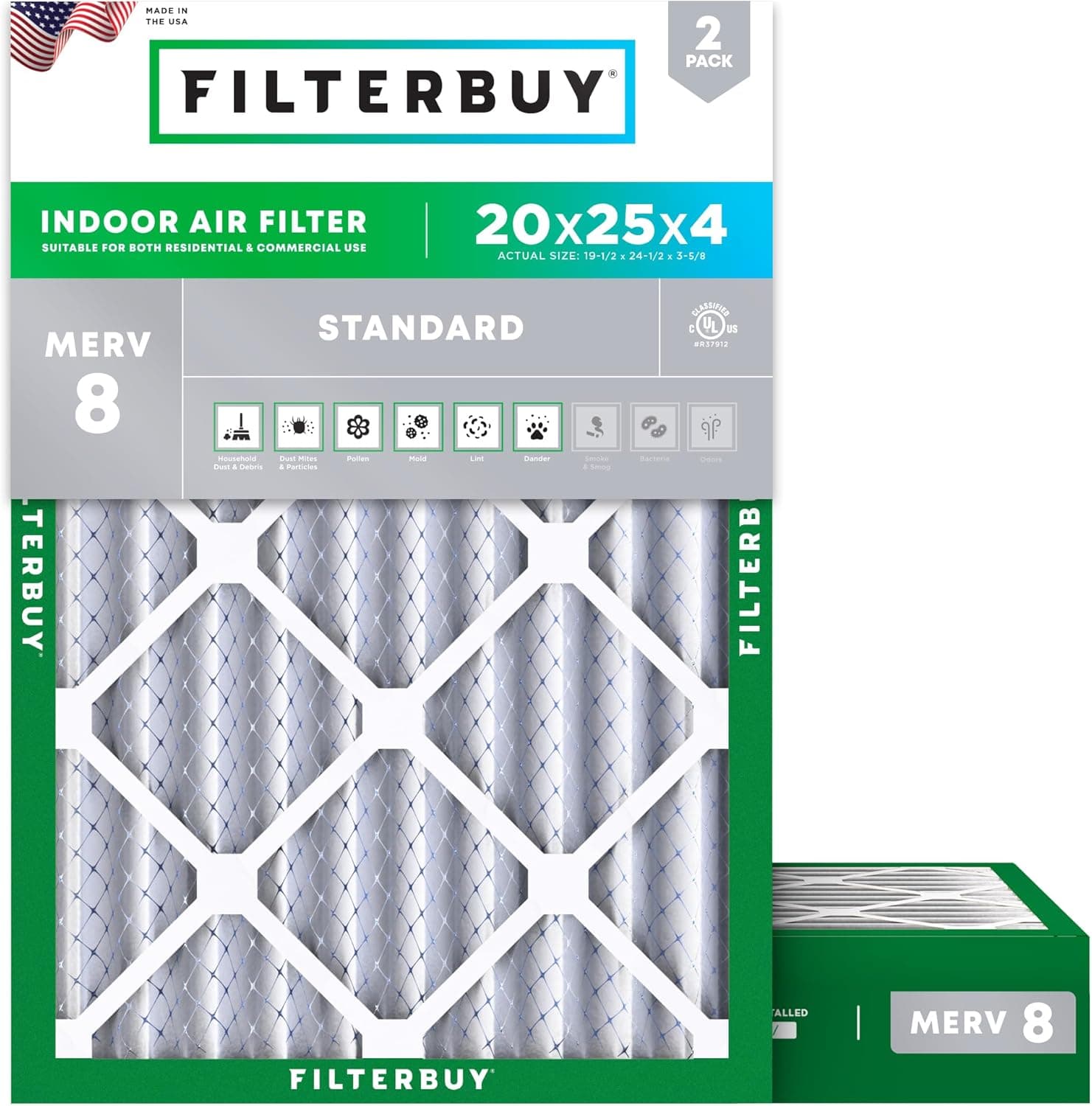 Filterbuy 20x25x4 MERV 8, 2-pack